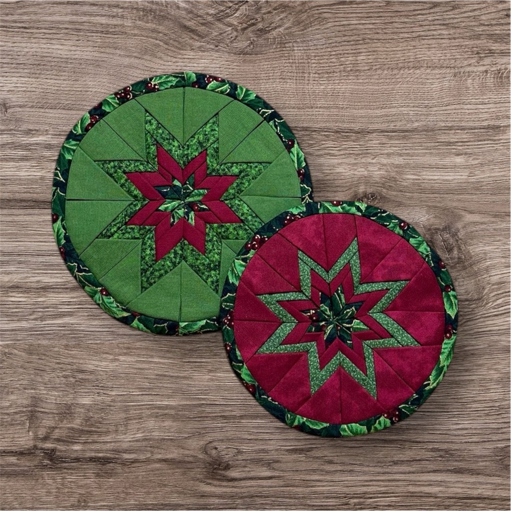 2 Handmade Trivet Round Hot Pad Folded Star Prairie Point Winter Holiday